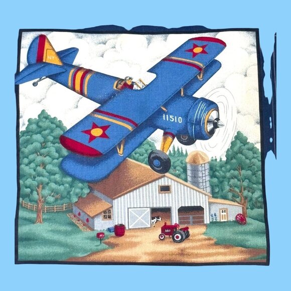 Vintage Airplane-Themed Quilted Throw Pillow With Ruffle Edges Cabin Country - Picture 2 of 5